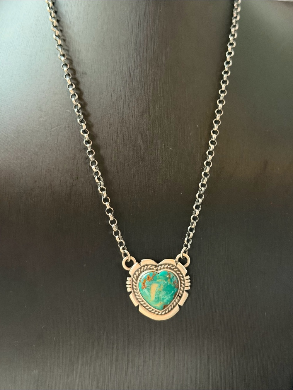 Jon McCray Navajo Handmade Sterling Silver Heart Turquoise Pendant Necklace - Picture 7 of 12